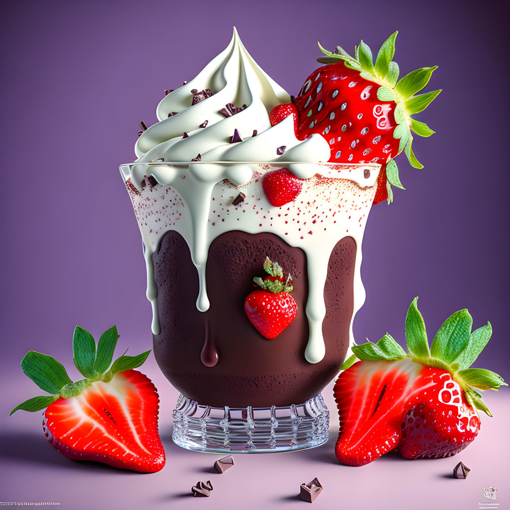 Layered chocolate dessert with whipped cream, whole strawberry, and drizzle.