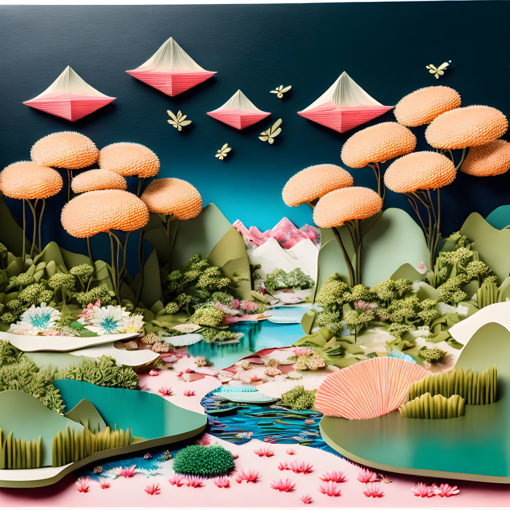 Colorful Paper Art Landscape with Trees, Mountains, Lakes, Butterflies, and Boats