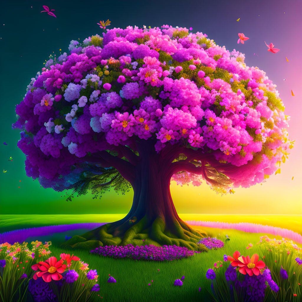 Colorful Twilight Scene: Blooming Tree & Flowers