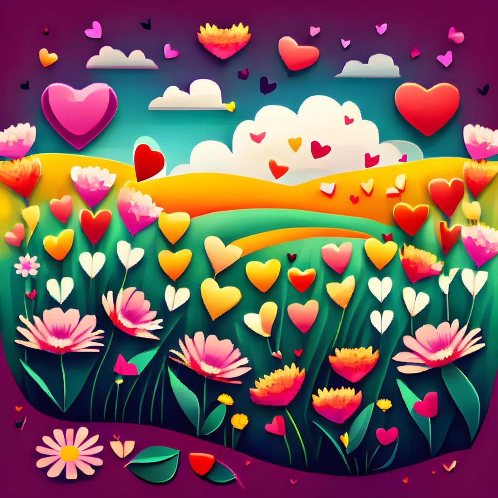 Colorful Whimsical Landscape with Flowers and Hearts