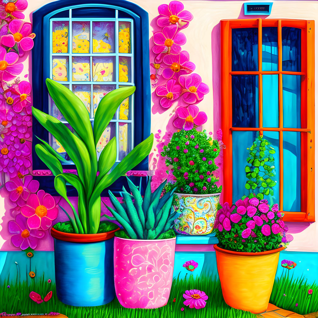 Colorful Home Facade Illustration with Potted Plants and Blooming Flowers