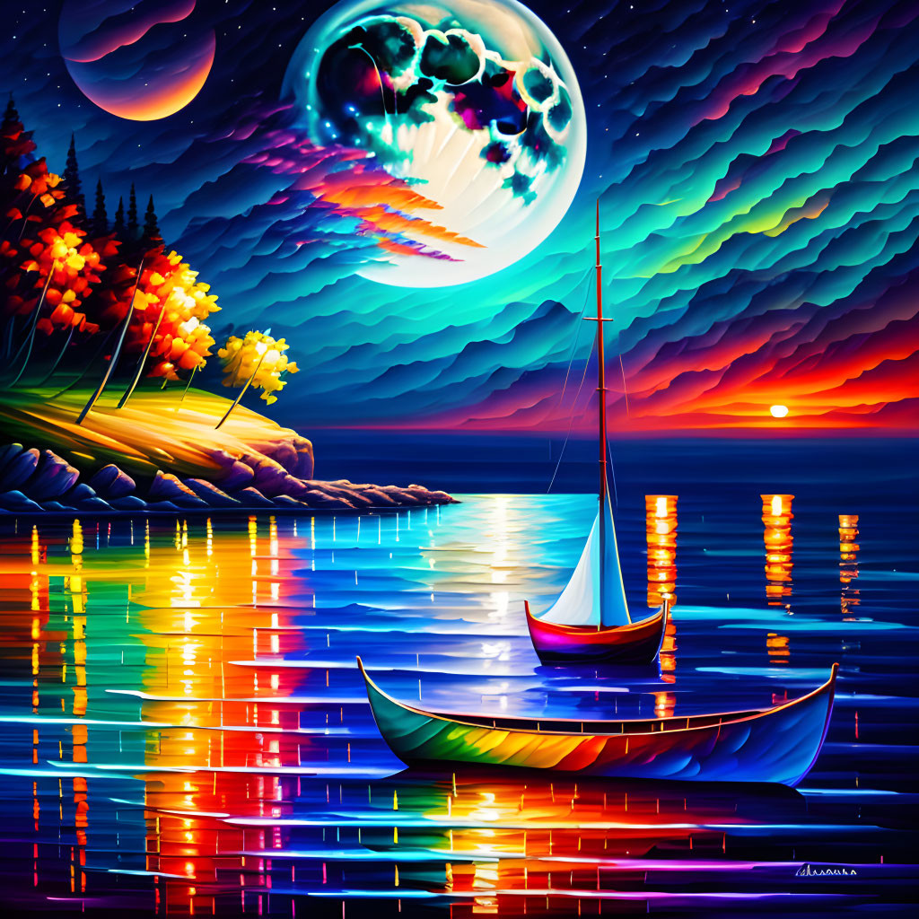 Colorful Digital Art: Sailboat, Canoe, Moonlit Sky, Aurora