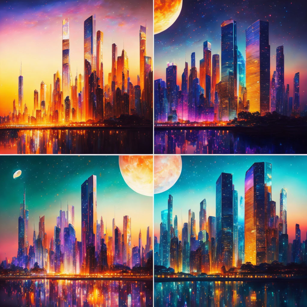 Futuristic cityscape with reflective skyscrapers under vibrant sky