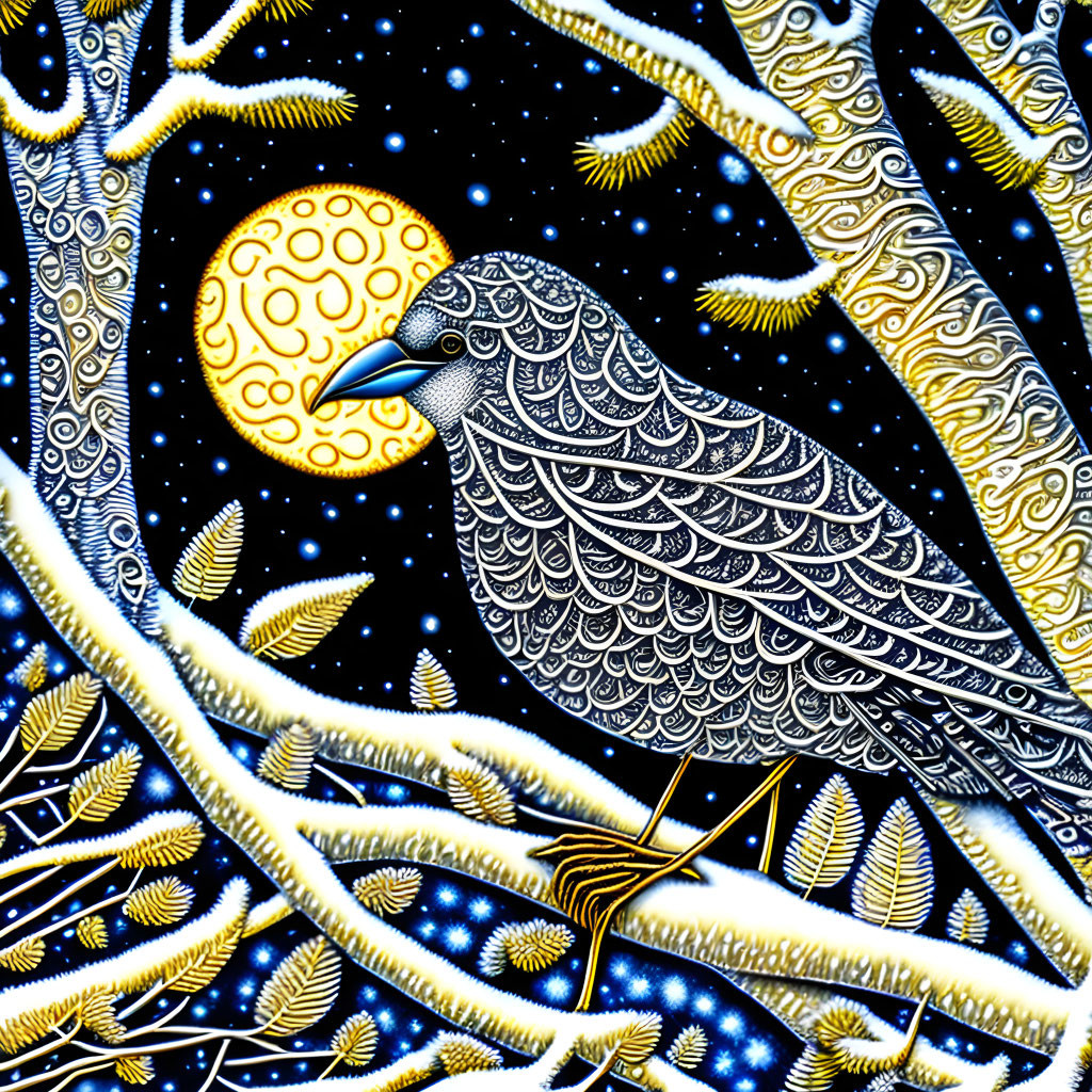 Stylized bird with intricate patterns in celestial setting