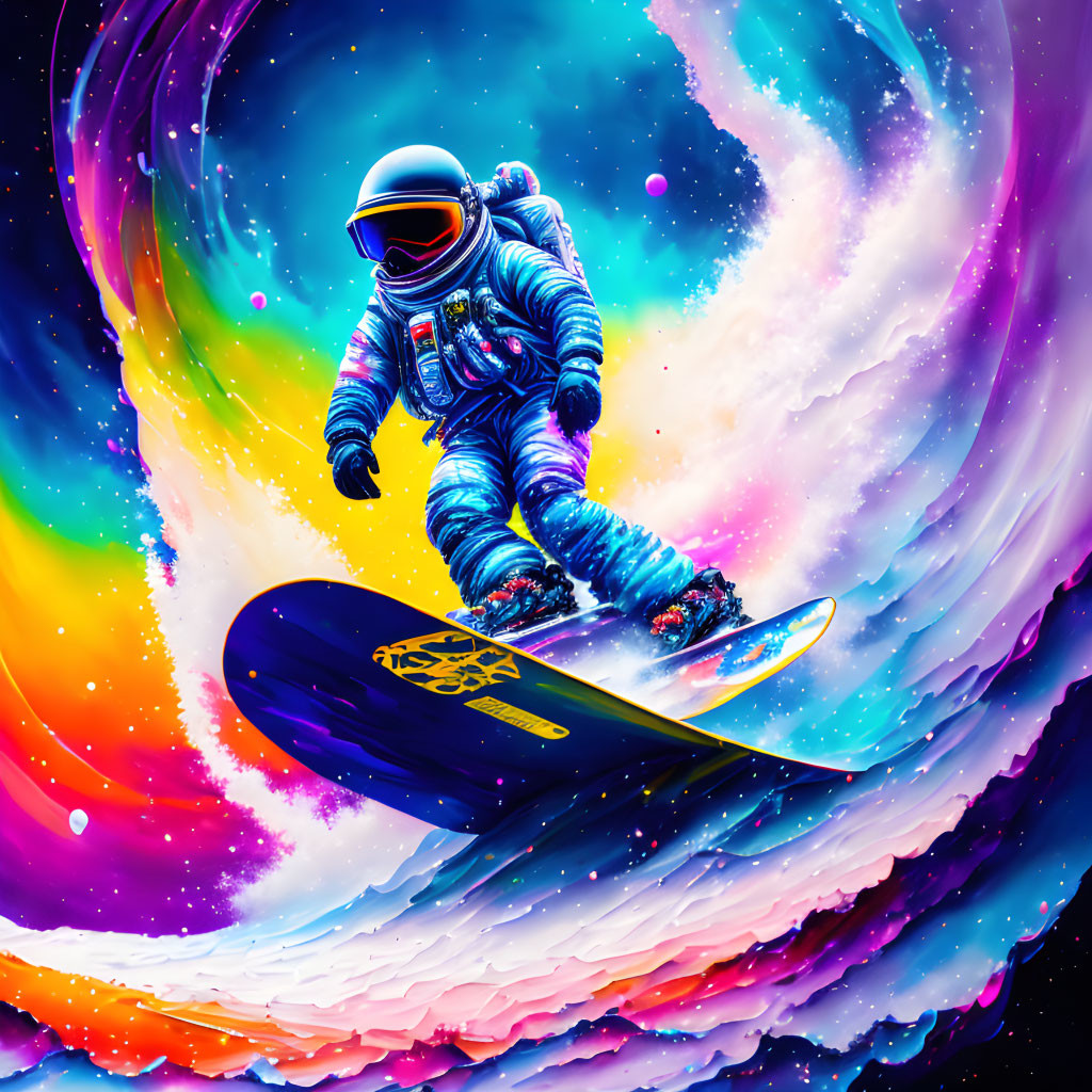 Astronaut snowboarding on colorful cosmic wave with stars and nebulae