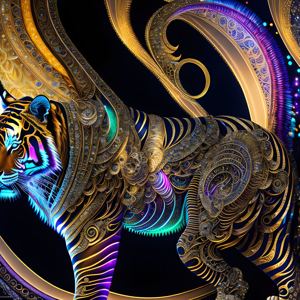 Intricate golden and neon blue tiger art on dark background