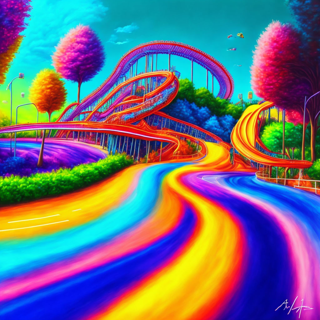 Colorful, whimsical digital artwork of a surreal landscape with a flowing road and roller coaster among psychedelic