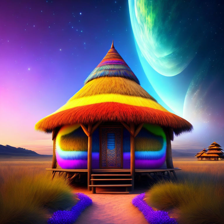 Vivid planet shines over colorful thatched hut in twilight desert