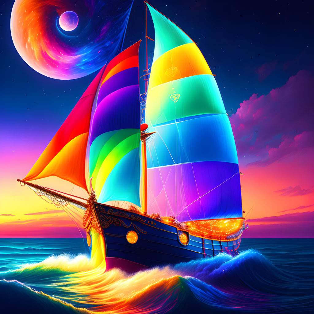 Colorful sailboat on sea waves under purple moon at sunset