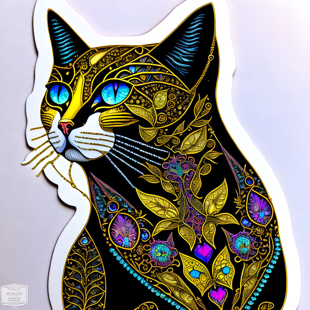 Vibrant cat portrait with gold patterns and blue eyes on white background