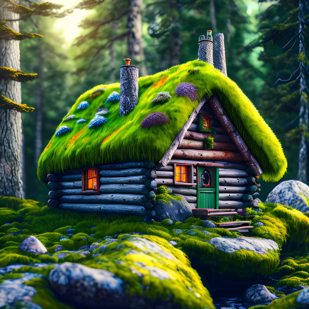 Cozy log cabin with moss-covered roof in serene forest