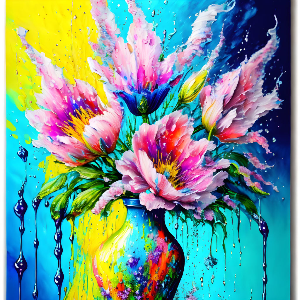 Colorful Flower Bouquet Painting with Splattered Vase and Dynamic Drips