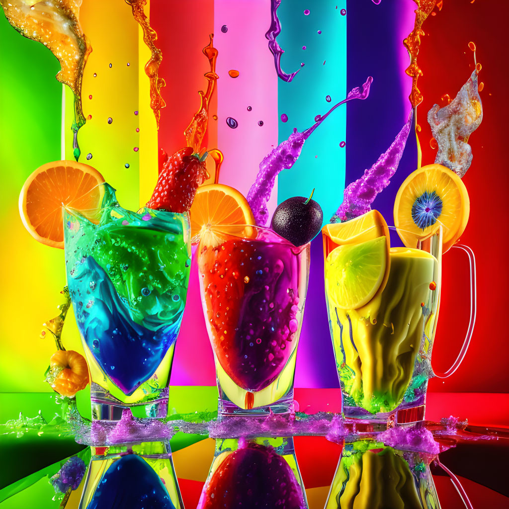 Vibrant cocktails with fruit garnishes against rainbow backdrop