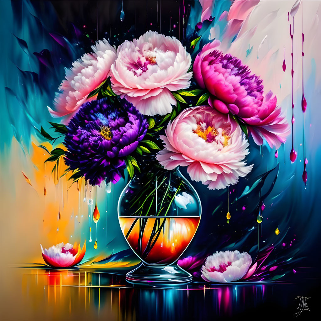 Colorful Peonies in Glass Vase: Dynamic Paint Effect on Abstract Background