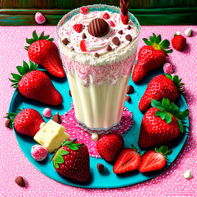 Vibrant strawberry milkshake with whipped cream and chocolate on blue plate