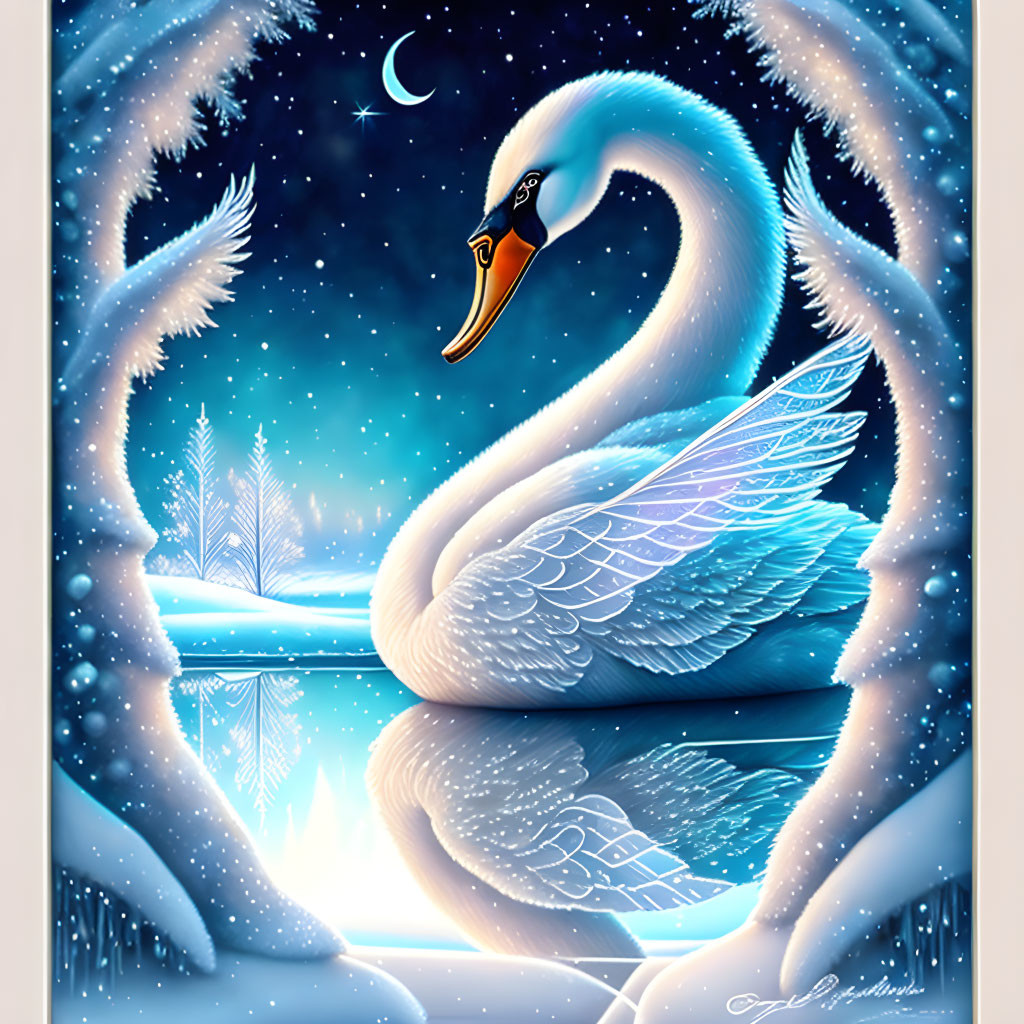 Stylized white swan with glowing wings by tranquil lake under starry sky