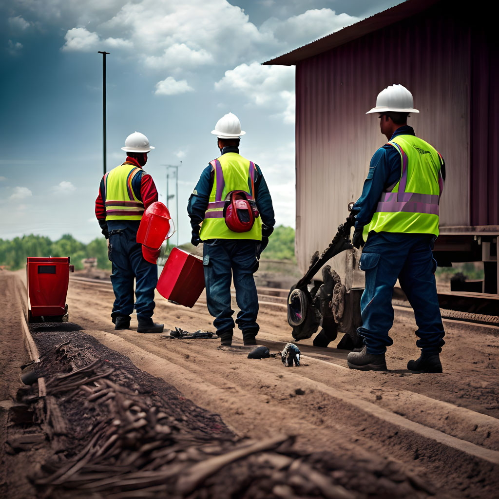 Three workers in safety gear at railway construction site with toolbox.