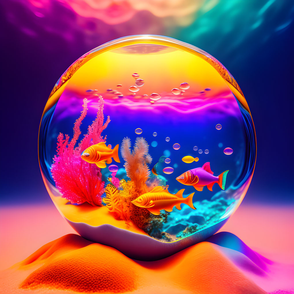 Colorful Fishbowl with Neon Background and Coral