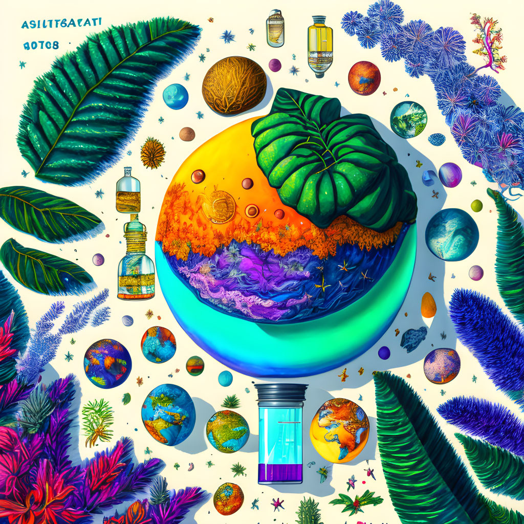 Colorful planet with tropical leaves, corals, lanterns, stars, and whimsical objects in