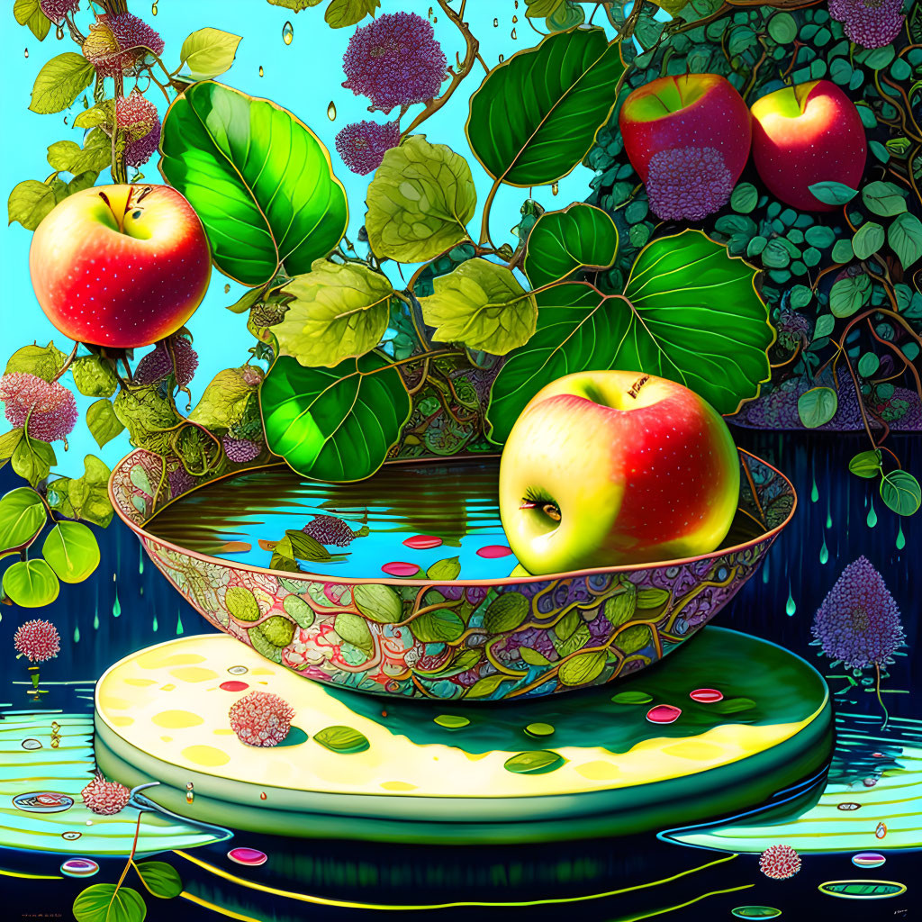 Colorful apples floating above patterned bowl on lily pad in vibrant aquatic scene