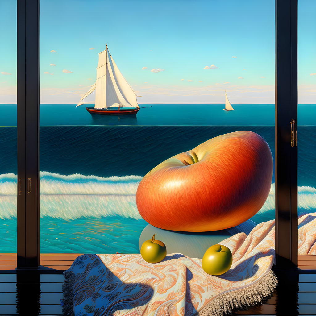 Oversized apple on windowsill with ocean view and sailboats