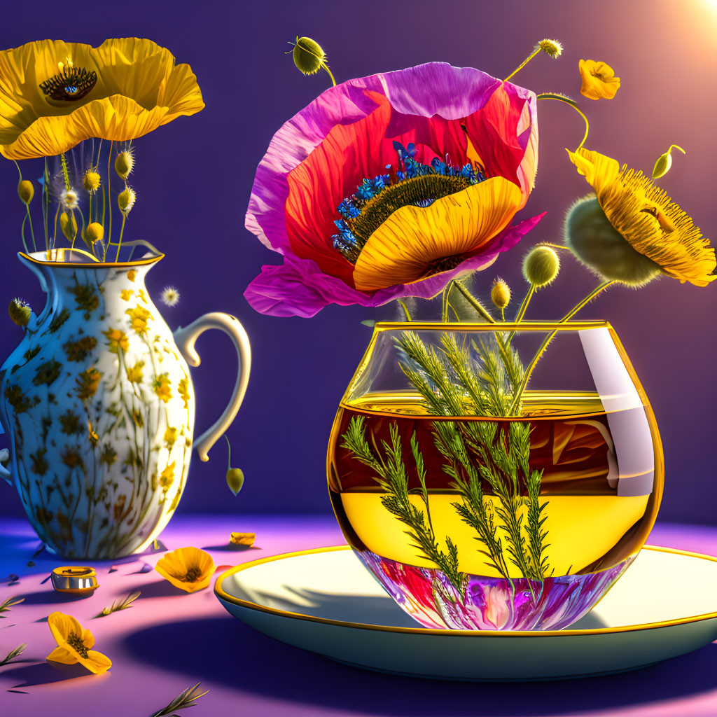 Still life painting of red poppy, yellow flowers, jug, and bowl on purple background