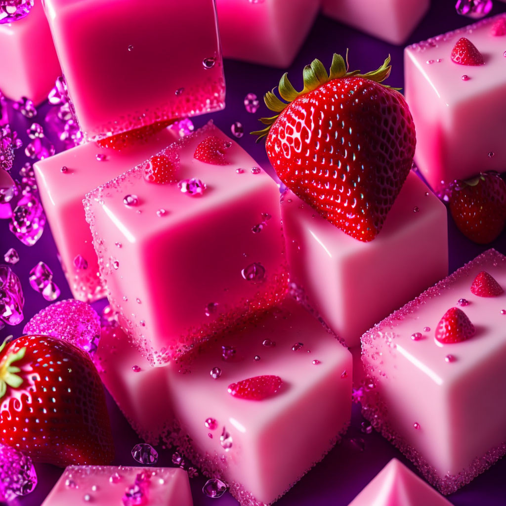 Colorful Strawberry Jelly Cubes and Fresh Strawberries on Reflective Purple Surface