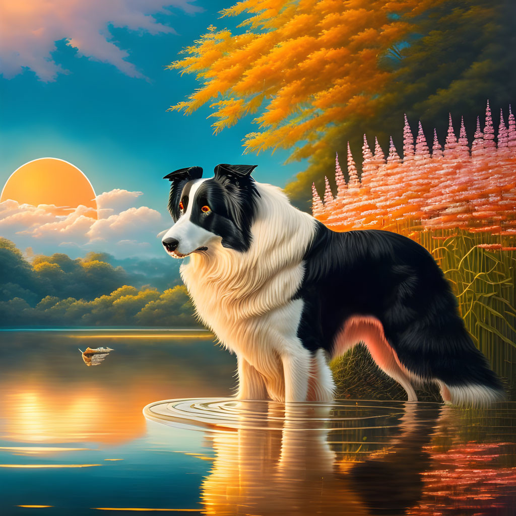 Tranquil lake scene with Border Collie, sunset, colorful trees, and duck