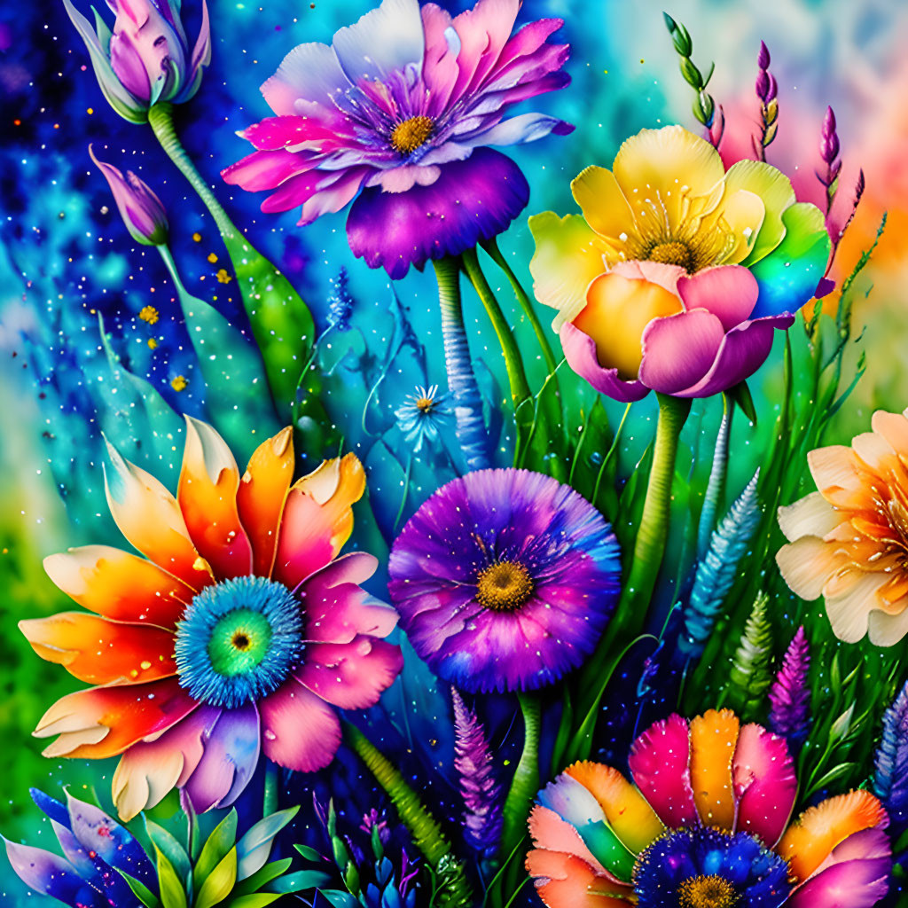 Colorful Digital Artwork: Assorted Flowers on Blue Background