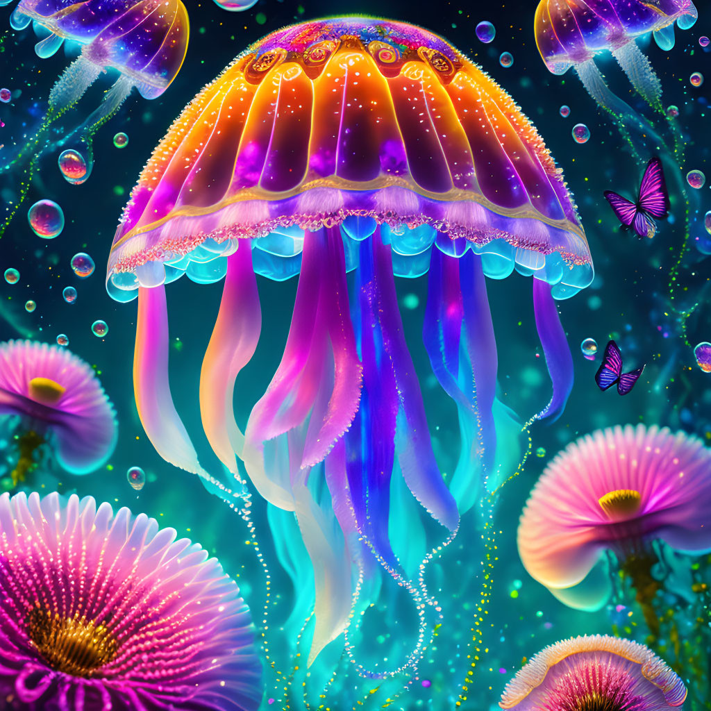 Colorful Jellyfish and Sea Life Illustration with Bubbles and Butterflies