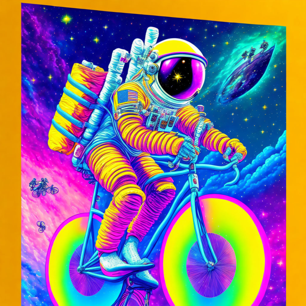 Colorful astronaut on bicycle in space with stars, planet, and floating bikes