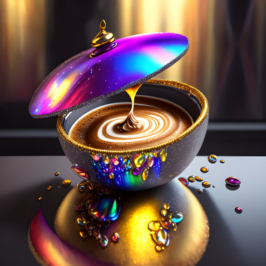 Cosmic-themed digital art of levitating coffee cup with vibrant liquid gold