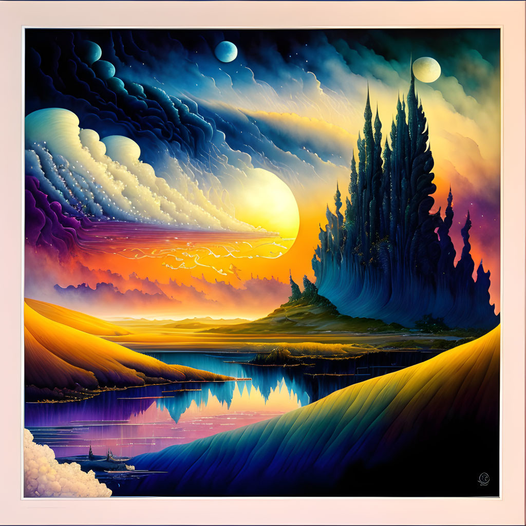 Vibrant surreal landscape with yellow and blue color scheme, tranquil lake, hills, tall trees,