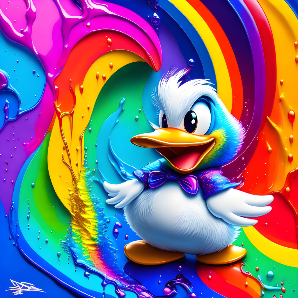 Colorful Duck with Bow Tie Against Rainbow Background