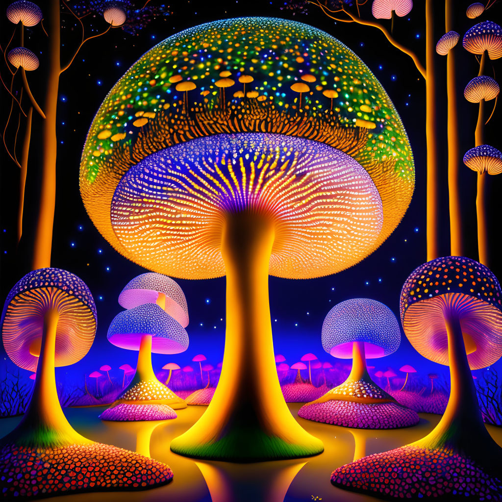 Fantasy glowing mushroom forest with colorful trees.