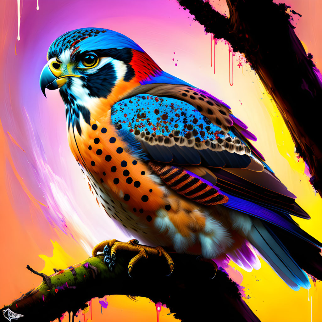 Colorful Falcon Perched on Branch with Vibrant Background