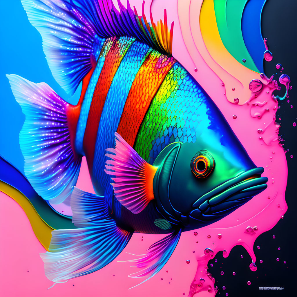 Colorful Fish Illustration on Gradient Background with Water Droplets