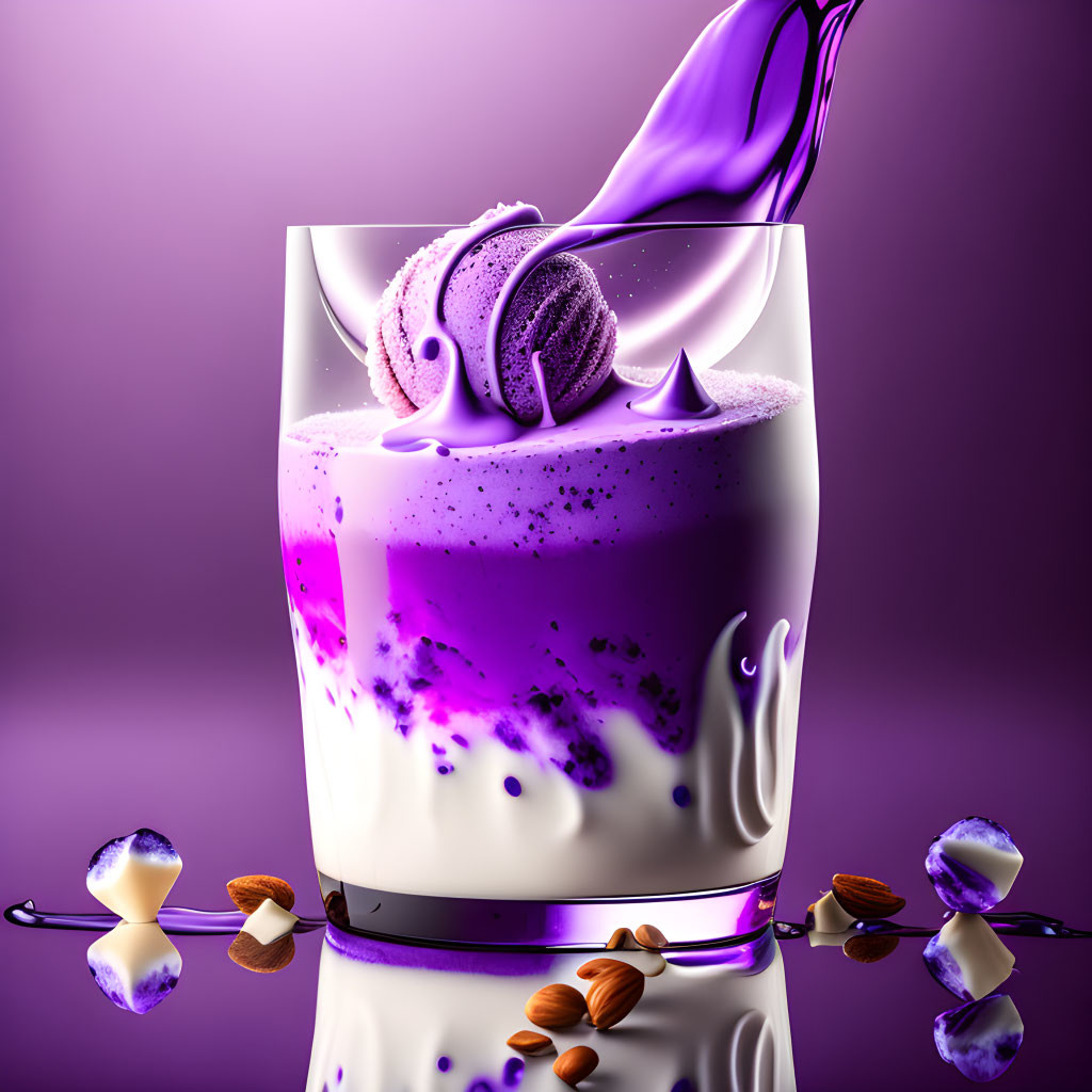 Glass of Milk with Purple Swirl, Macaron, Almonds, and Chocolate Pieces