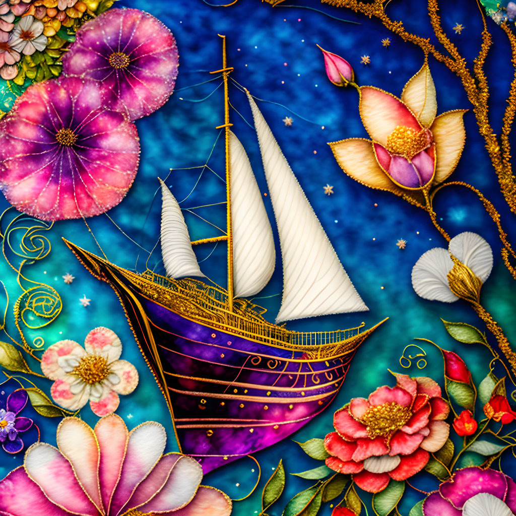 Colorful sailing ship on starry sea with fantastical flowers.