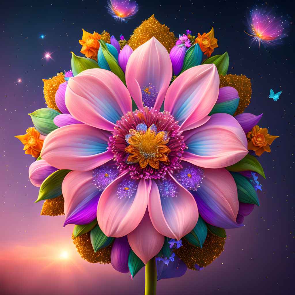 Colorful Lotus Flower Digital Illustration with Twilight Sky and Floating Islands