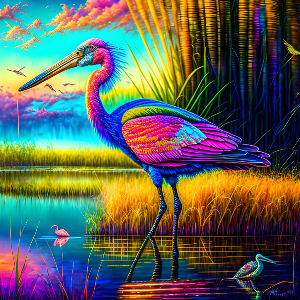 Colorful Digital Artwork: Stork with Iridescent Plumage at Waterside