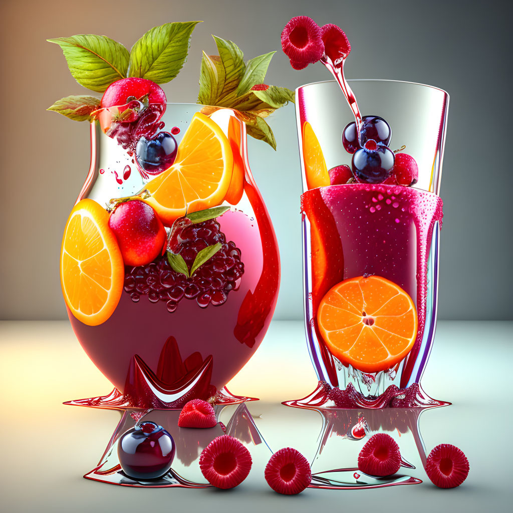 Fruit punch glasses with oranges, berries, and mint on warm background