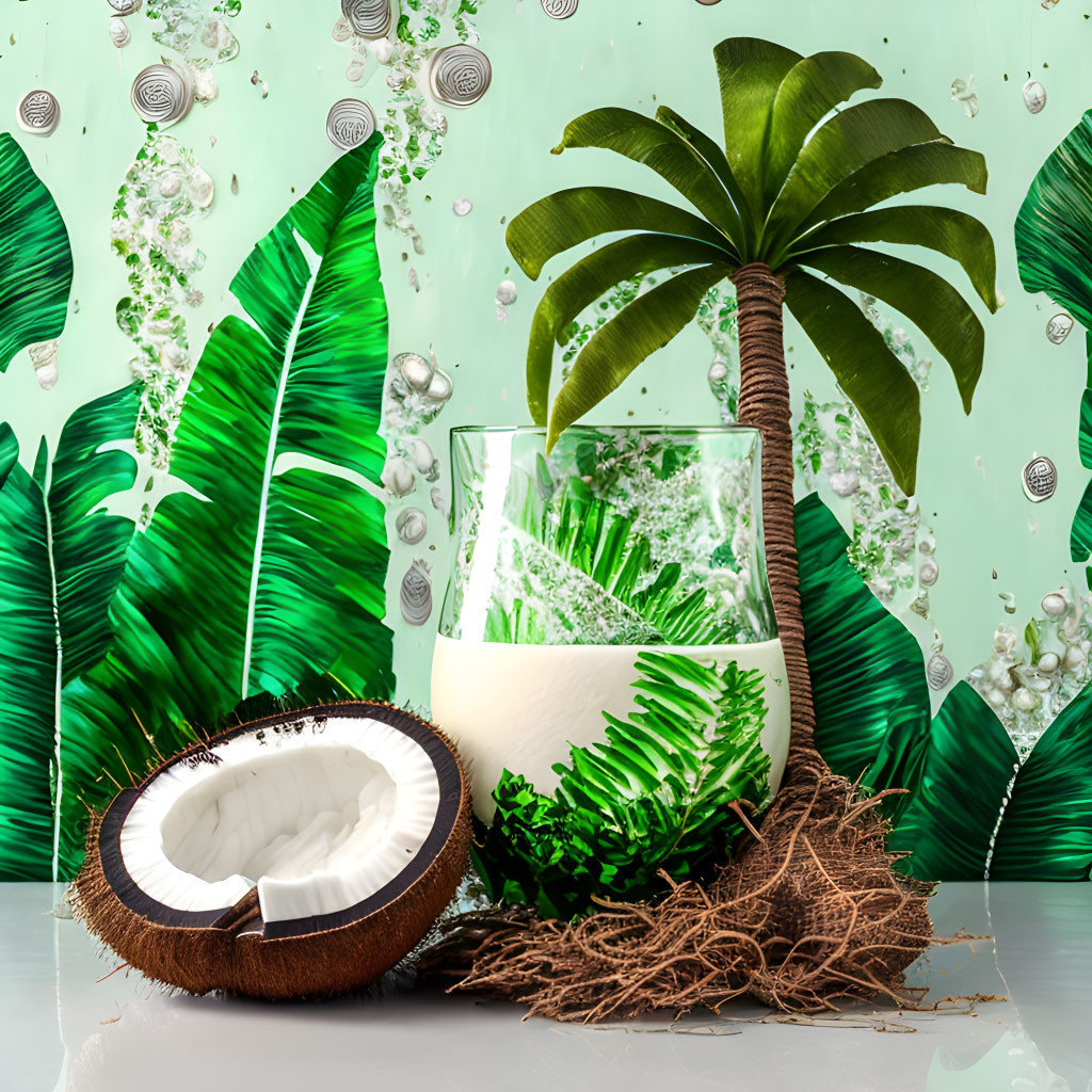 Tropical-themed composition with palm tree, coconut, and glass on bubble backdrop