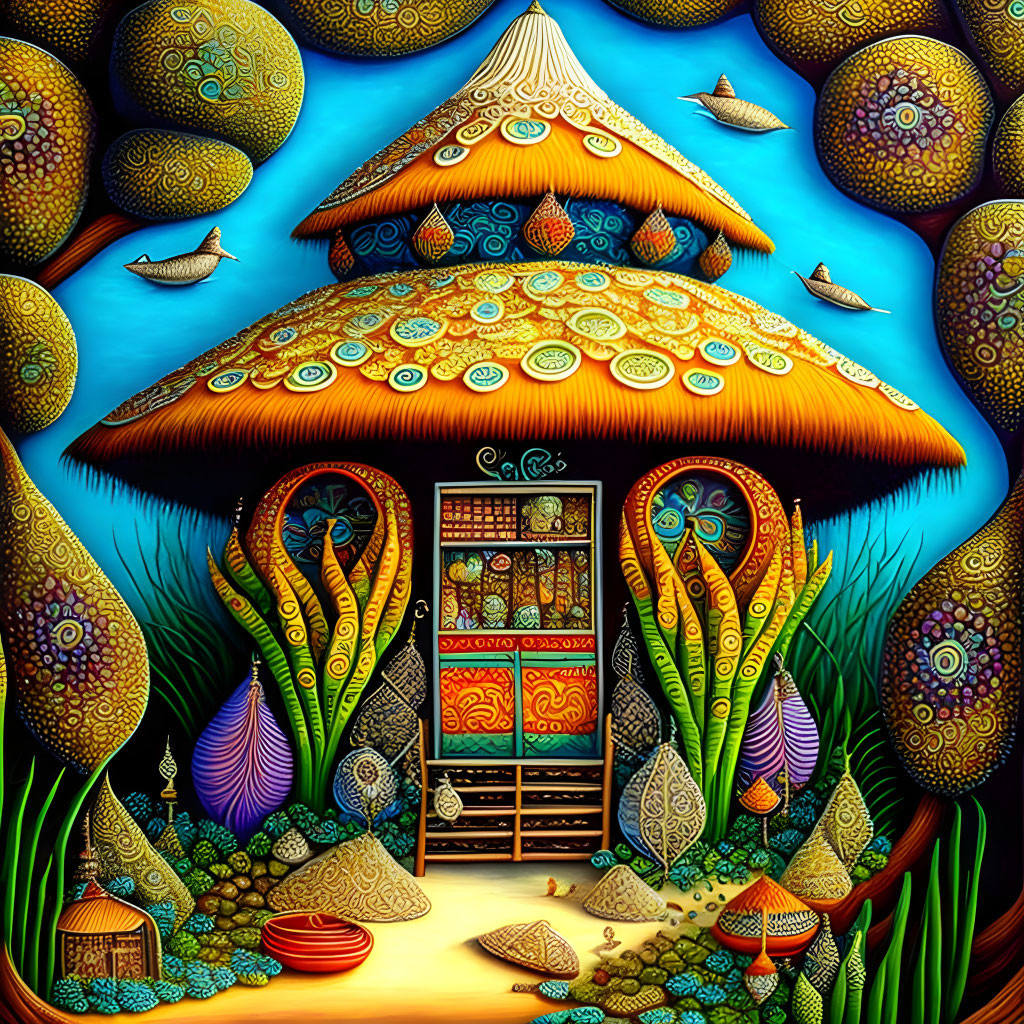 Colorful Stylized Art: Whimsical Mushroom House with Flora and Paper Boats