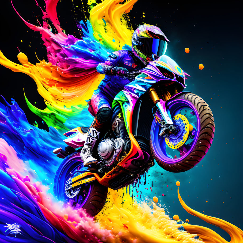 Colorful Motorcyclist Artwork with Explosive Splashes on Black Background