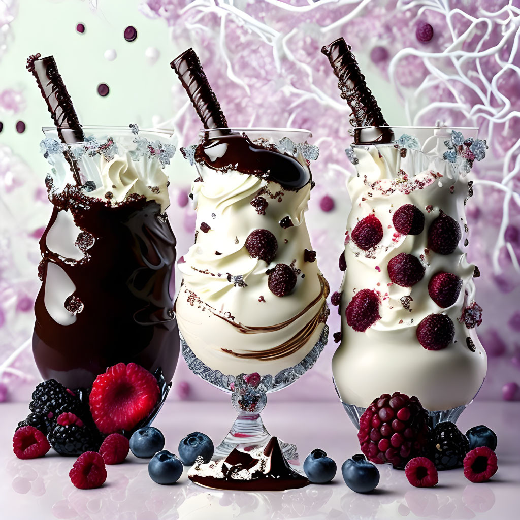 Decadent milkshakes with chocolate, berries, whipped cream, cookies, and sprinkles in