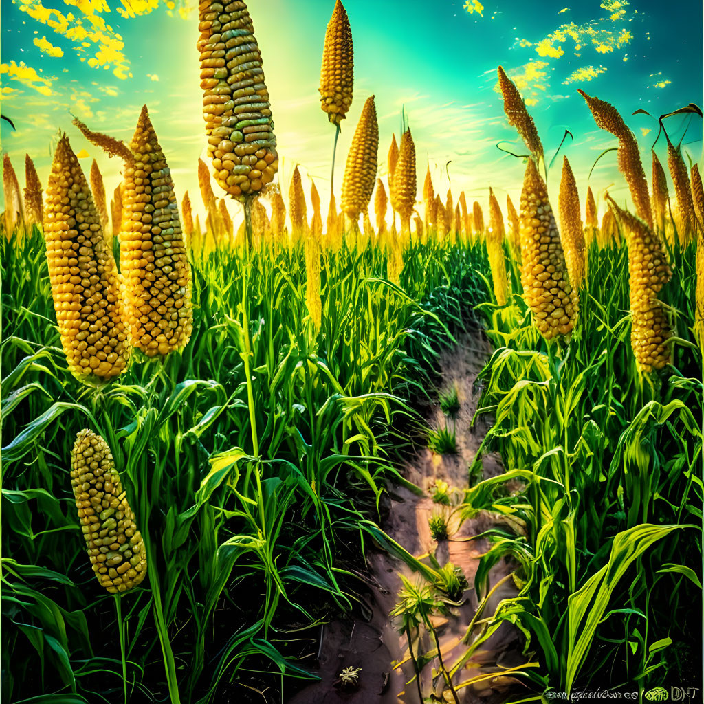 Colorful cornfield illustration under sunset sky