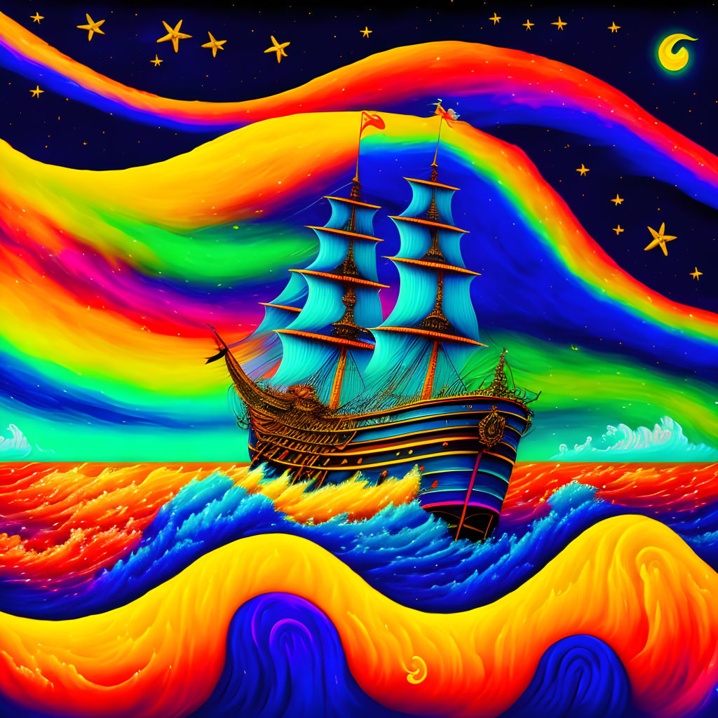 Colorful artwork: Old sailing ship on wavy oceans under psychedelic sky