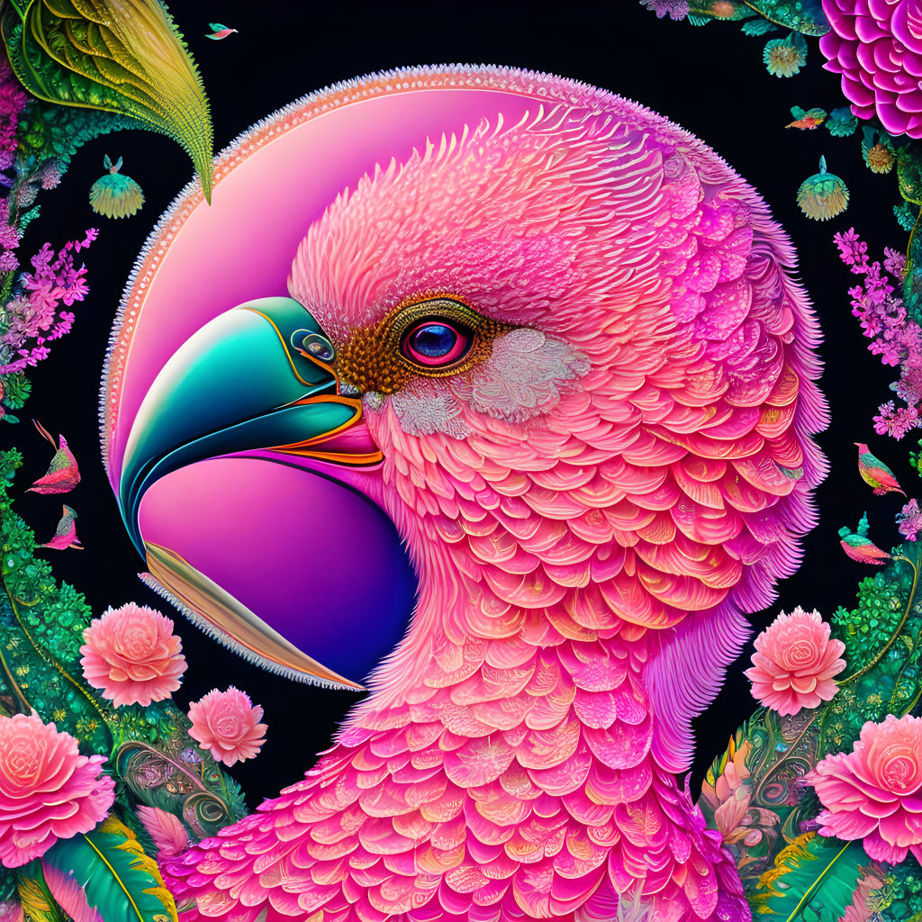 Colorful digital artwork: Pink bird with intricate feathers on black background with lush flora.