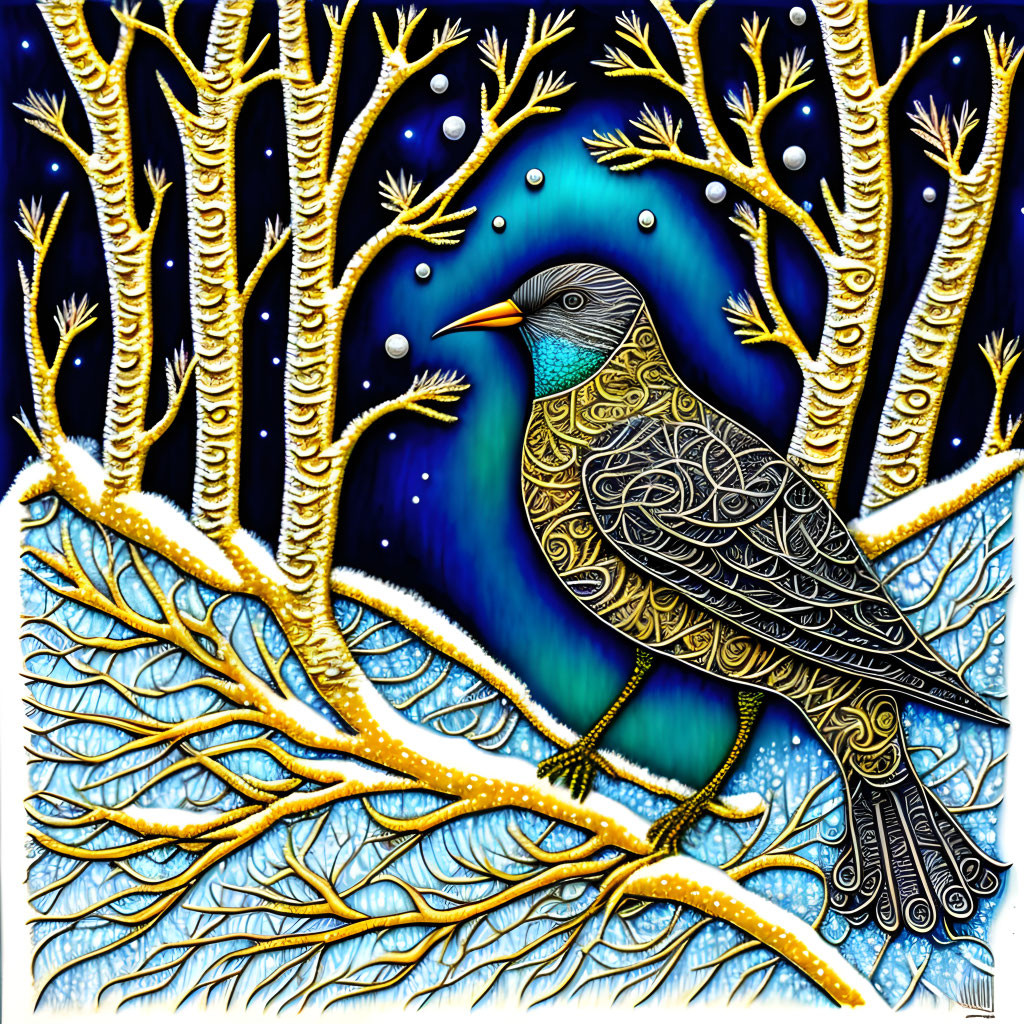 Intricate ornate bird on golden tree against blue gradient background